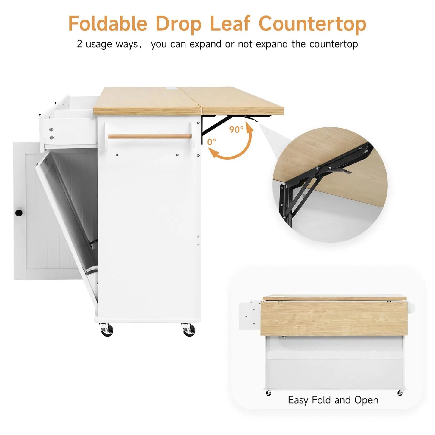60 inch Mobile Kitchen Island, Rolling Trolley.  Drop Leaf Table Home Cart with Power Outlet, Spice, Towel Rack and Trash Bin