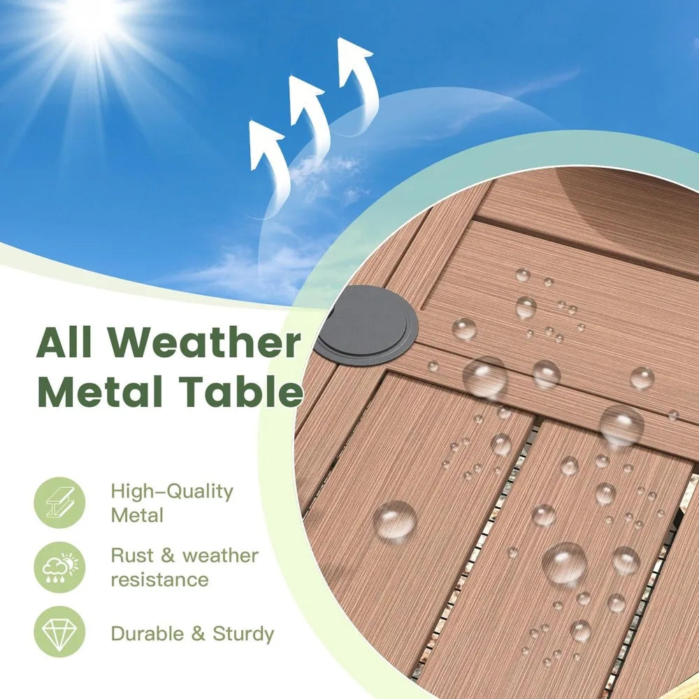 Outdoor Patio Round Dining Table for 6, 49.9" x 49.9" Metal Sleek Slat Dining Table with Umbrella Hole for Lawn Garden Deck Back