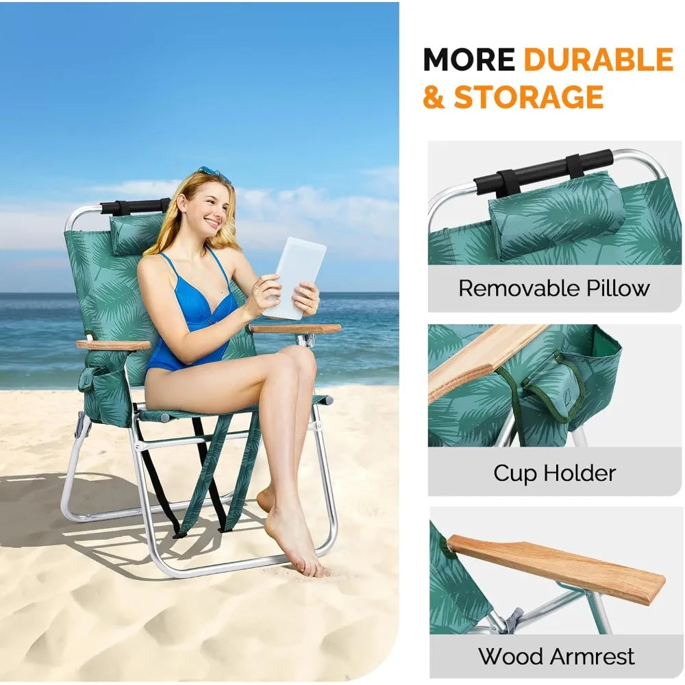 Lightweight 17" Backpack Beach Chair, Tall Beach Chairs for Adults, Portable with Adjustable Straps, 3-Position Customized