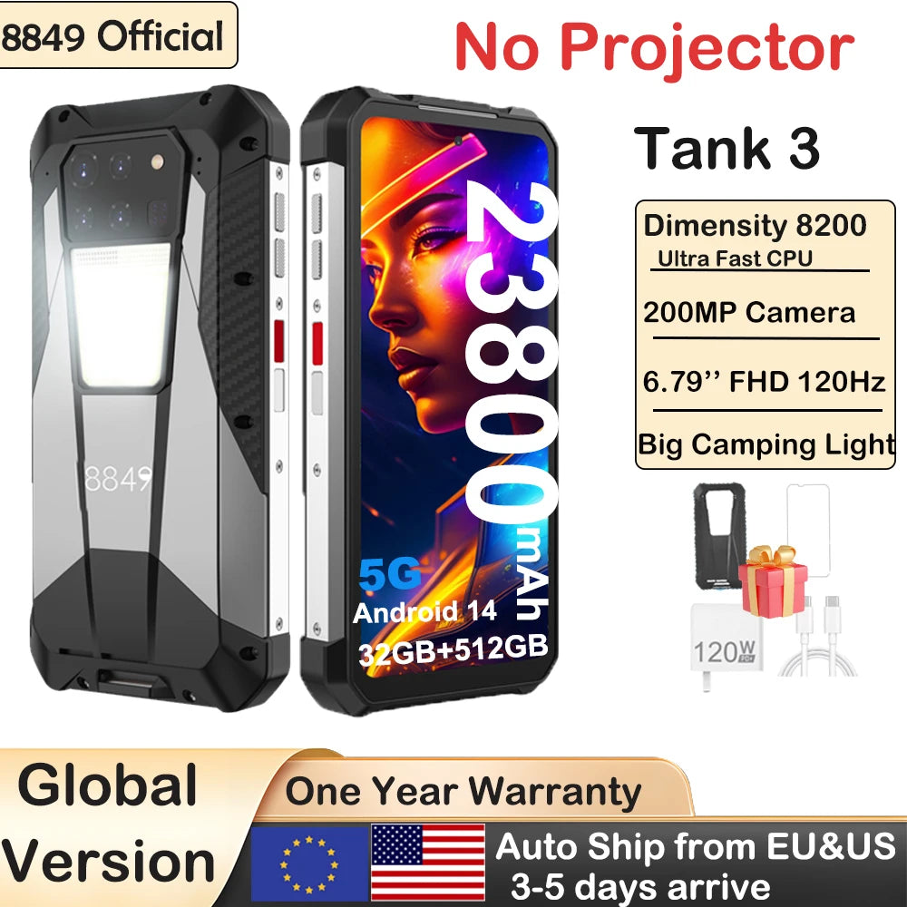 Tank 3 Rugged Smartphone Android 5G 32+512GB 23800mAh 120W Charger 200MP 120Hz GPS Dual SIM Cell Phone
