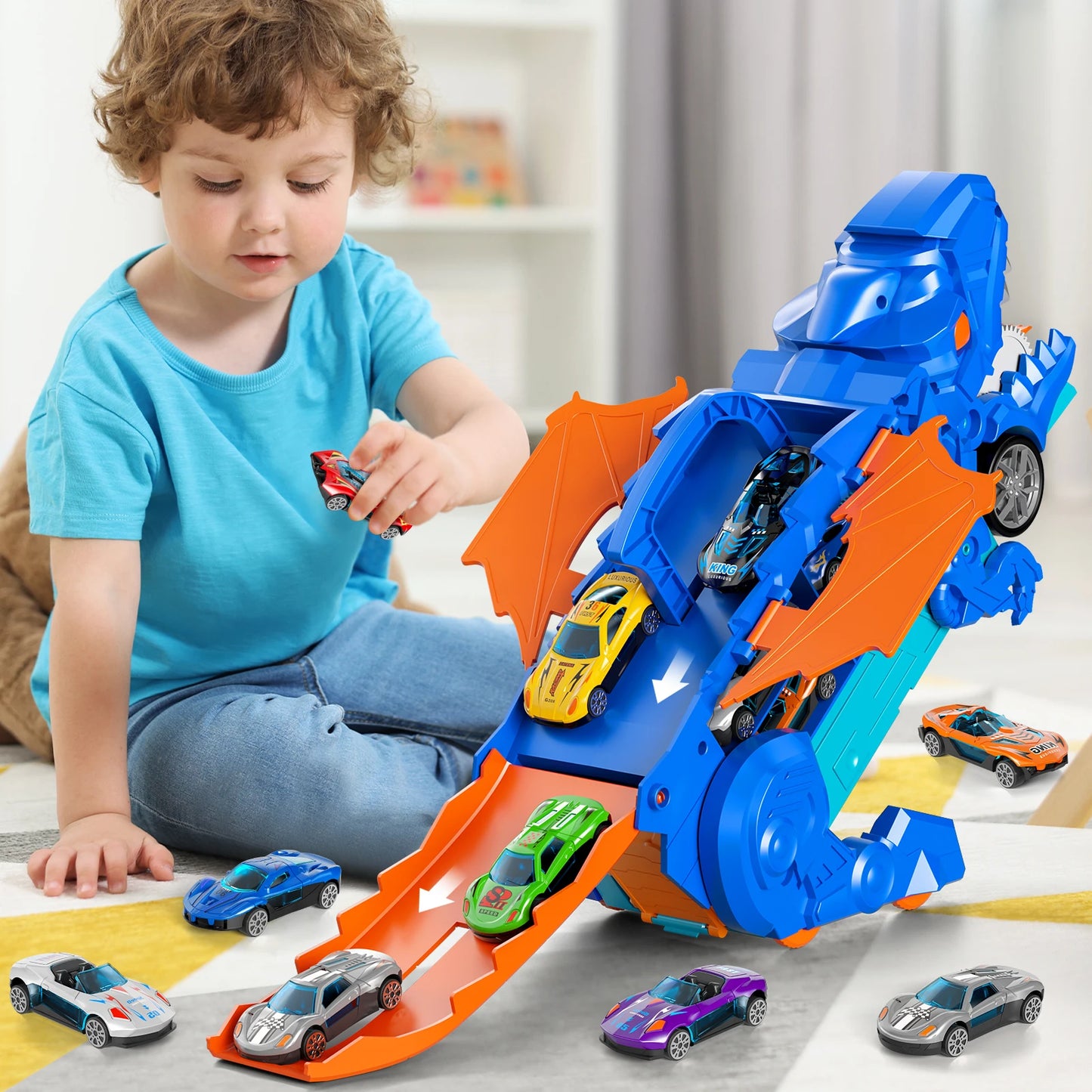 Blue Track Set Devour Dinosaur Transporter Truck With 10 Die-Cast Car Toys