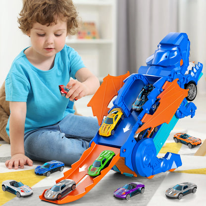 Blue Track Set Devour Dinosaur Transporter Truck With 10 Die-Cast Car Toys