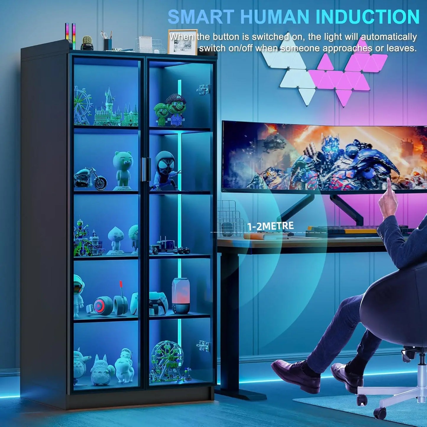 5 Tier Display Cabinet for Living Room, LED Bookcase with Human Body Induction Lights, 65” Tall Curio Cabinet