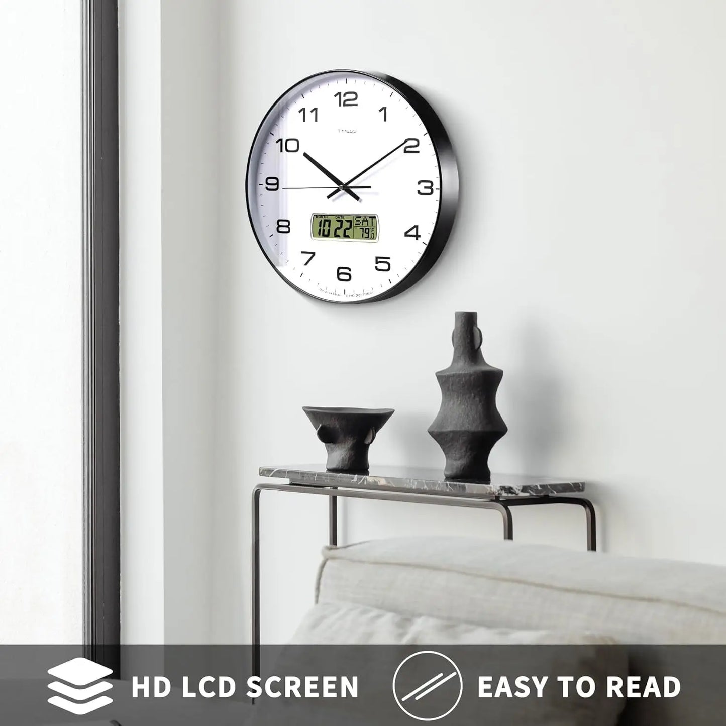 Calendar Wall Clock in 3 Sizes, 4 Colors with Calendar and Fahrenheit Temperature Display