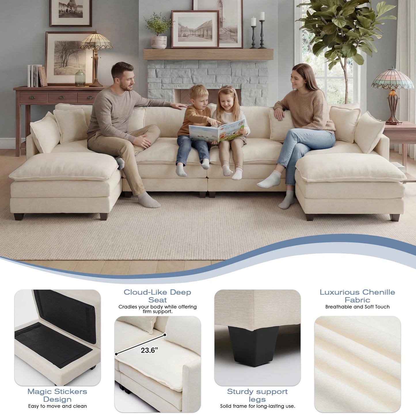 Redlife 113.4" Modular Sectional Sofa with Ottoman, Comfy Cloud Couch with Deep Seat (23.6" D), Solid Wood Frame, for Living Room