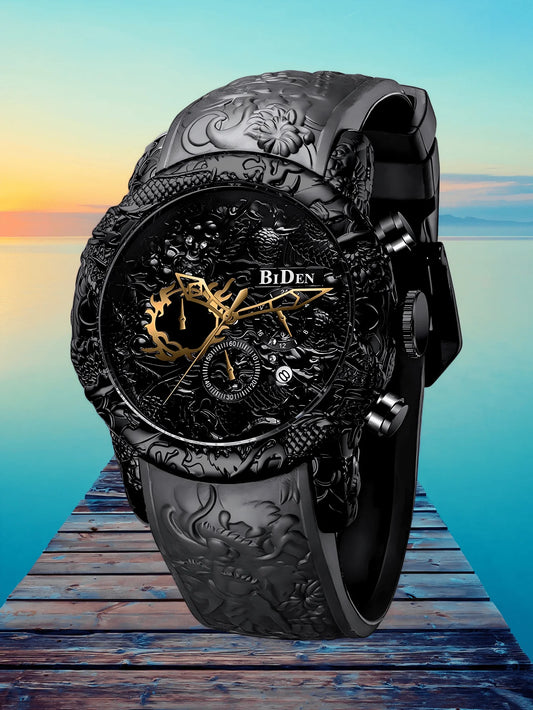 Men's Large Dial Chronograph Waterproof Quartz Watch, with 3D Carved Dragon Design