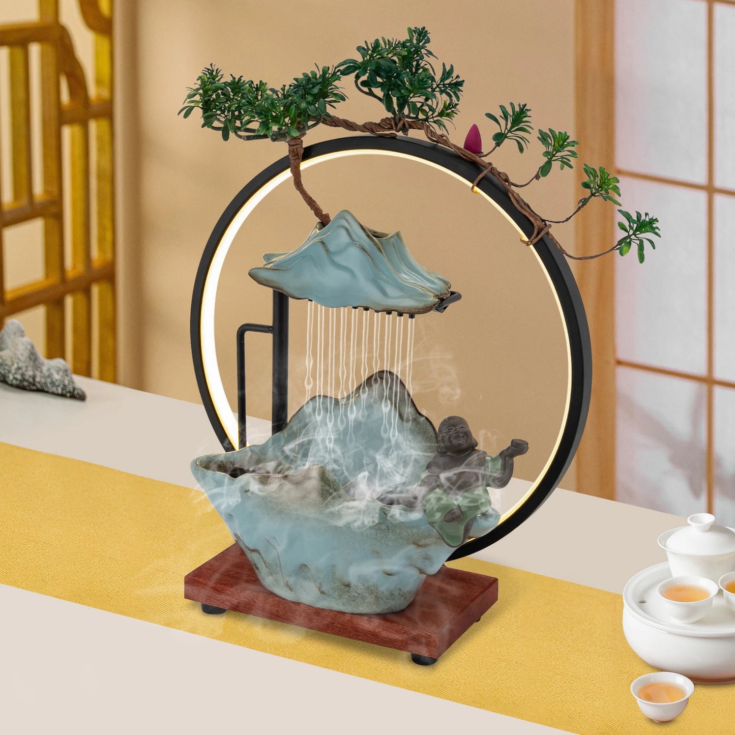 Tabletop Ceramic Fountain With Lights and Pump Free Standing 35*13*37cm for Living Room, or Office