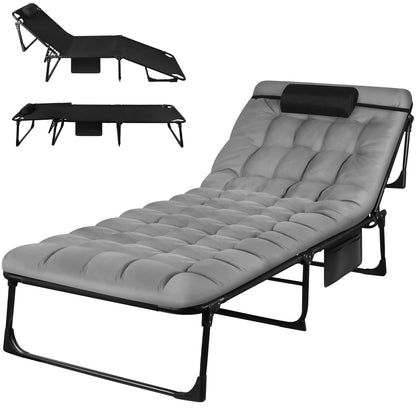 Portable Folding Camping Cot - 3-Position Adjustable Reclining Lounge Chair with Pillow, Outdoor Sleeping Bed