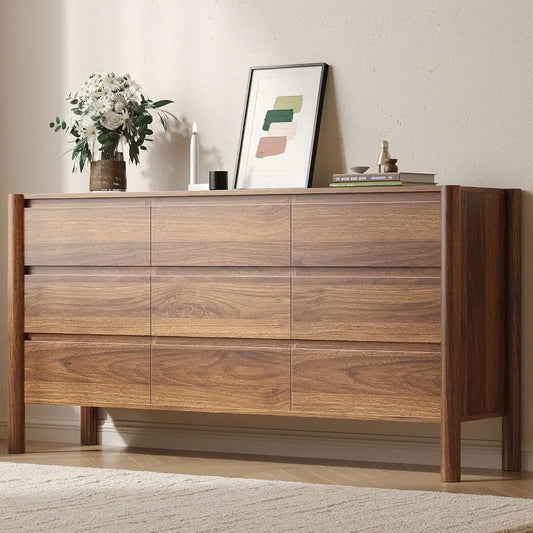 Mid-Century 63 inch wide Chest of Drawers with 9 Drawers and 4 Wooden Legs for Bedroom Storage