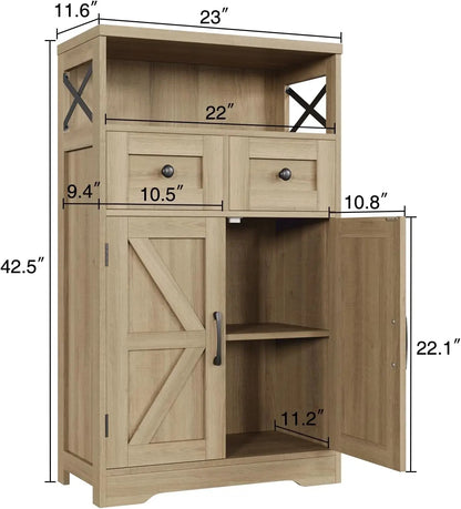 Natural Wood Storage Cabinet with Drawers and Shelves Standing Kitchen Pantry Cabinet for Home or Office