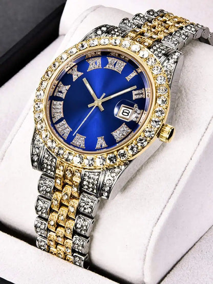 Luxury Blue Dial Roman Numeral Crystal-Embellished Quartz Watch for Women