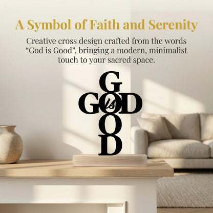 God Is God Cross Table Decor | Christian Metal Art with Wooden Base | Religious Tabletop Sign for Home, Office