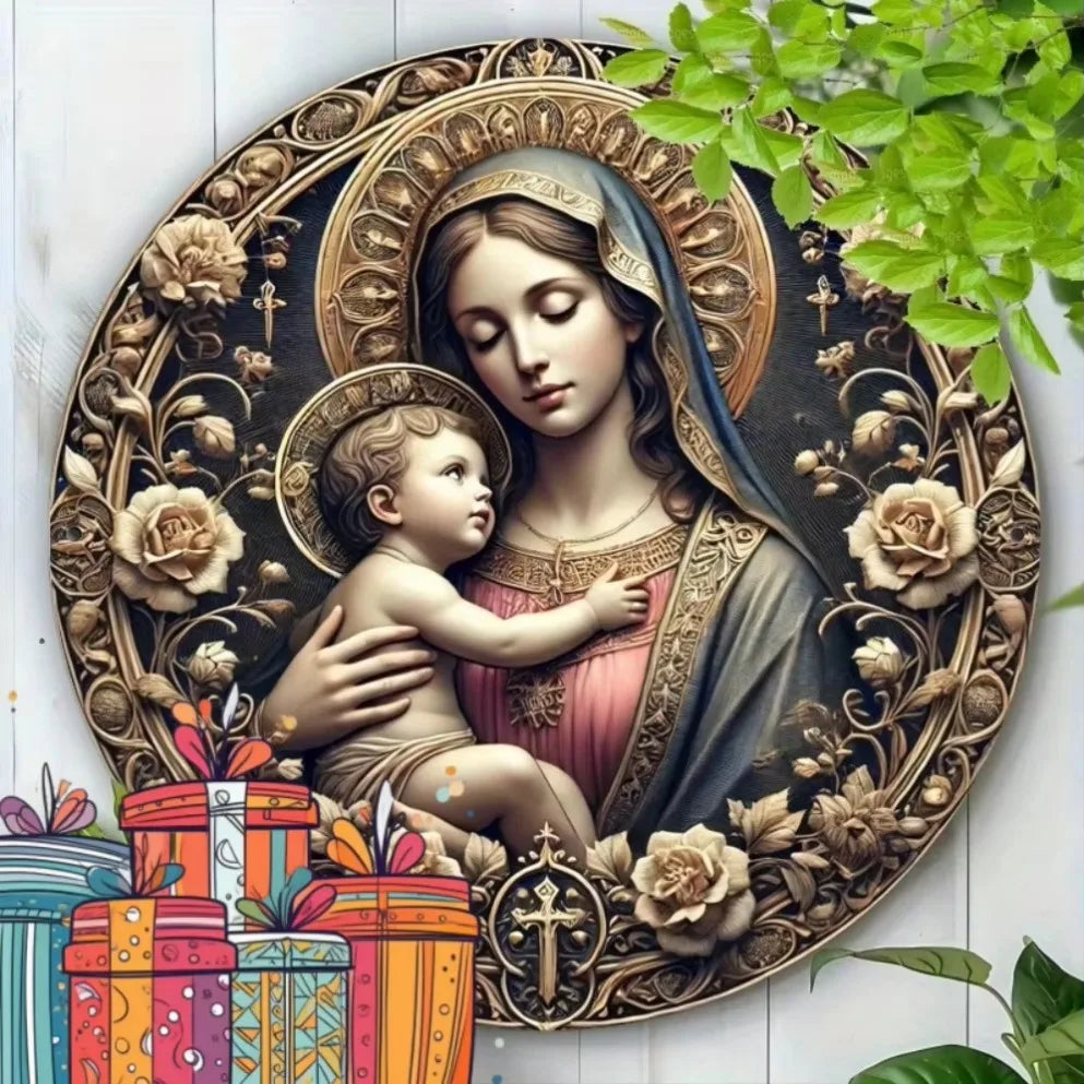 Virgin Mary & Baby Jesus Metal Sign – Decorative Wall Art for Home