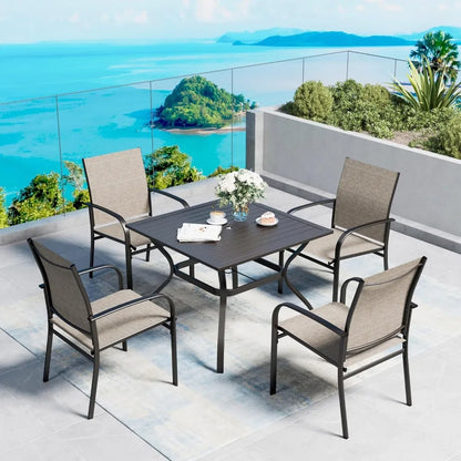 Patio Dining Set of 4, 37”Square Table with Umbrella Hole, Brown Metal Chairs x 4, Outdoor Table and Chairs for Lawn and Deck
