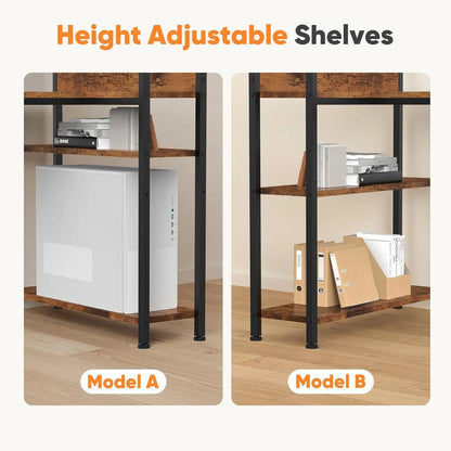 L-Shaped Corner Desk with Storage Shelf, Adjustable Feet for Dual Monitors, Brown Wood Office Table