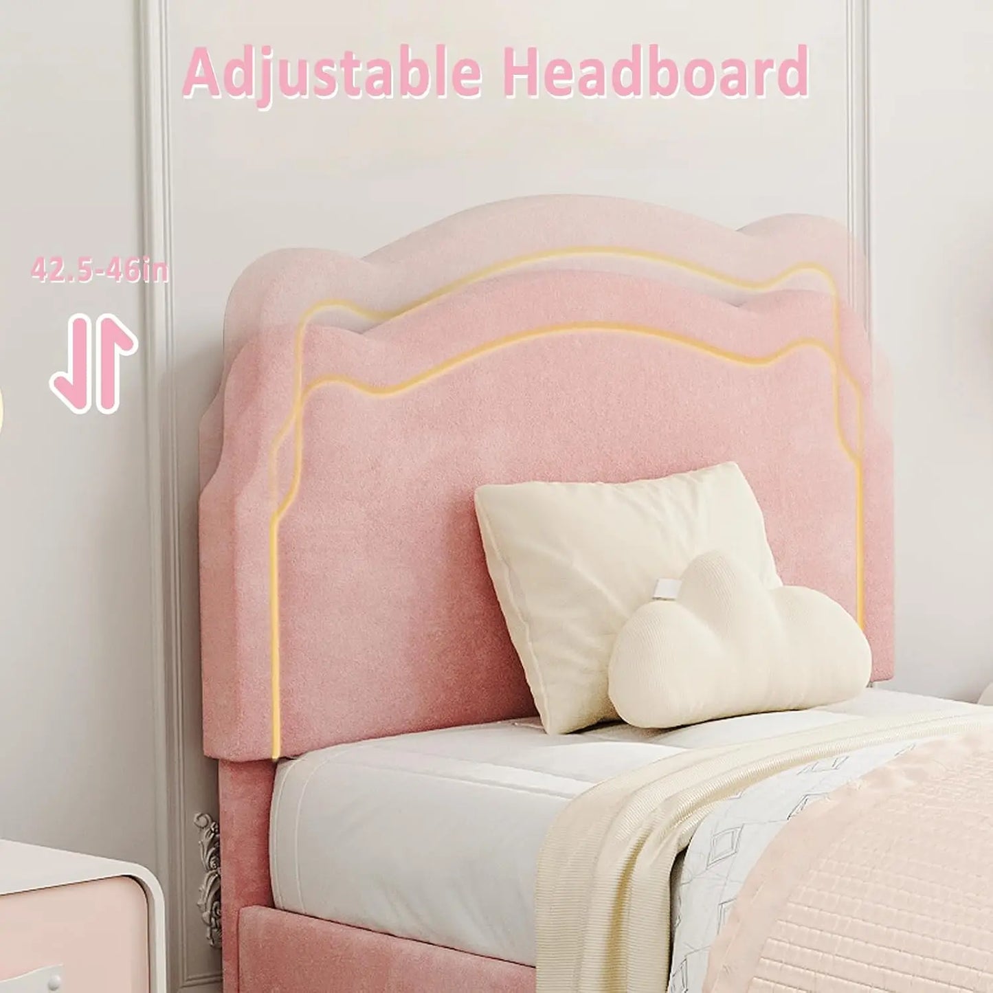 Twin Size Upholstered Princess Bed Frame with Bear-Shaped RGB LED Headboard and Storage Drawer