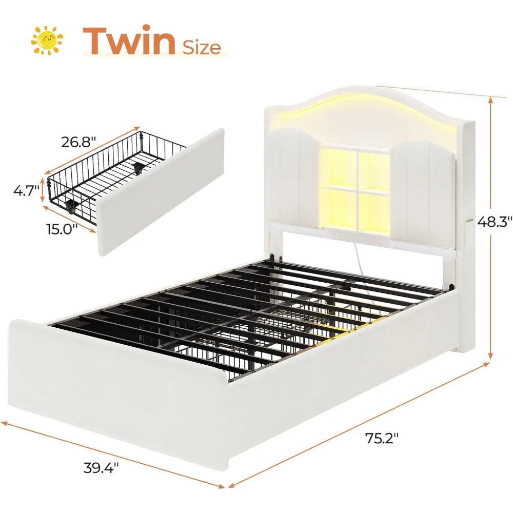 Girls Twin Size Bed Frame with 4 Drawers for Hidden Storage and Headboard