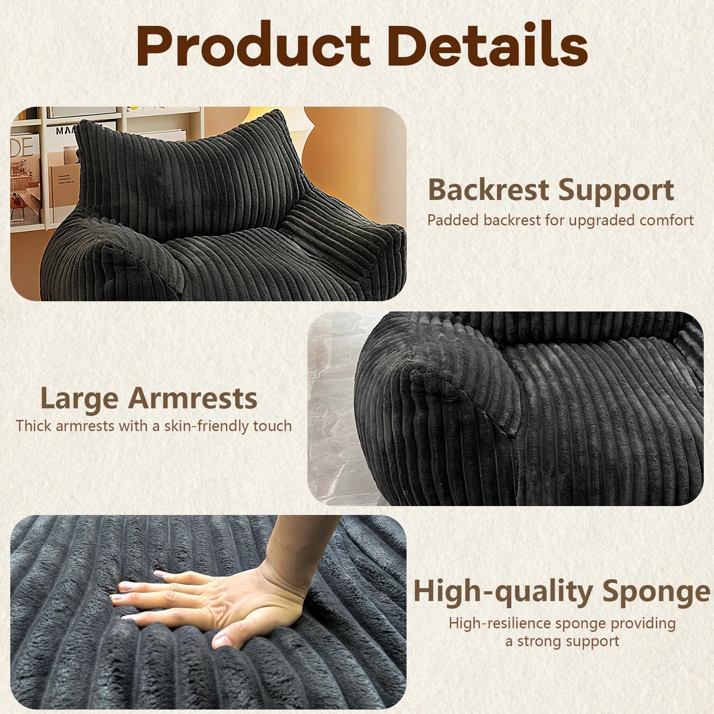 Reading Bean Bag Chairs for Adults, BeanBag Density Foam Couch, Floor Lazy Soft, Comfy Reading Nook