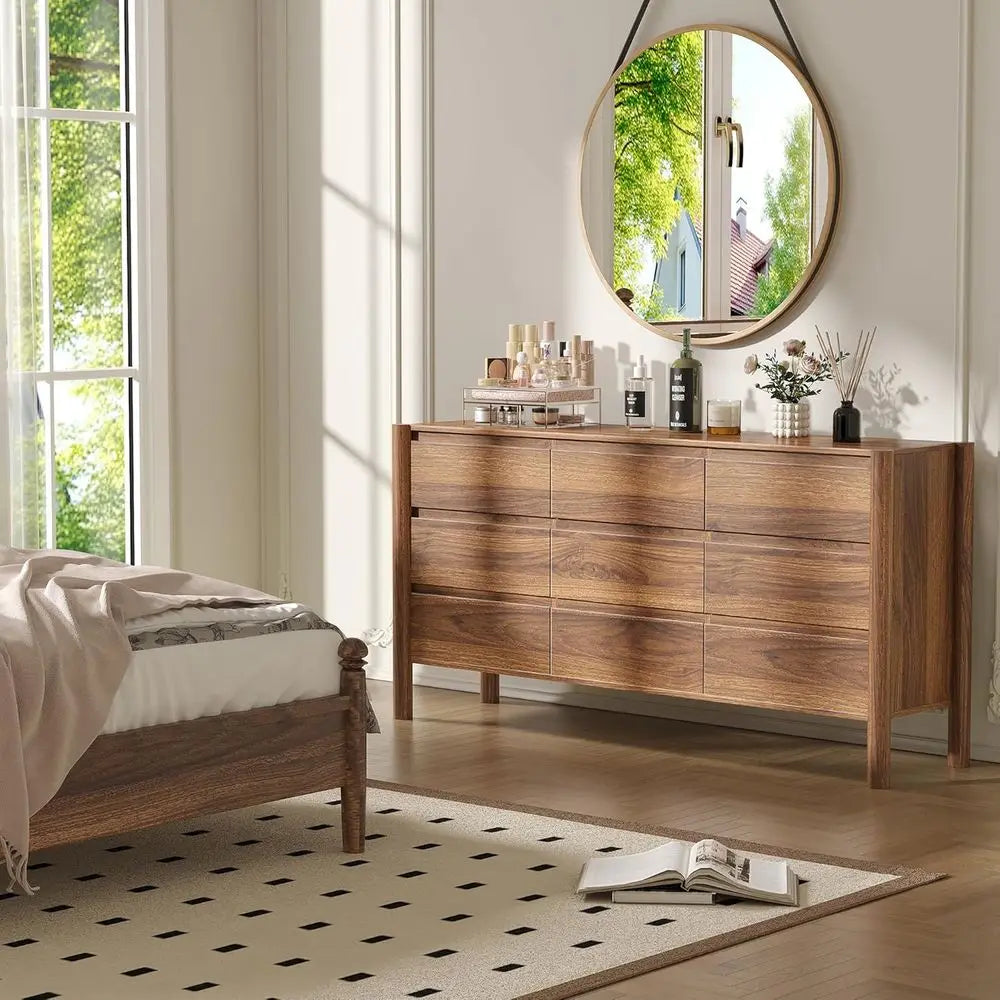 Mid-Century 63 inch wide Chest of Drawers with 9 Drawers and 4 Wooden Legs for Bedroom Storage