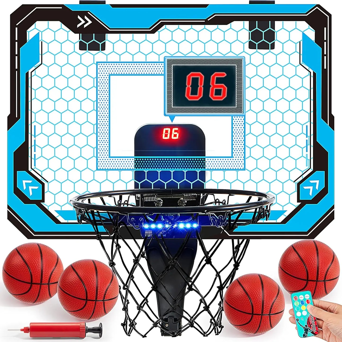 Mini Indoor Basketball Hoop Light Up Over The Door Basket Ball Hoop for Kids with 4 Balls