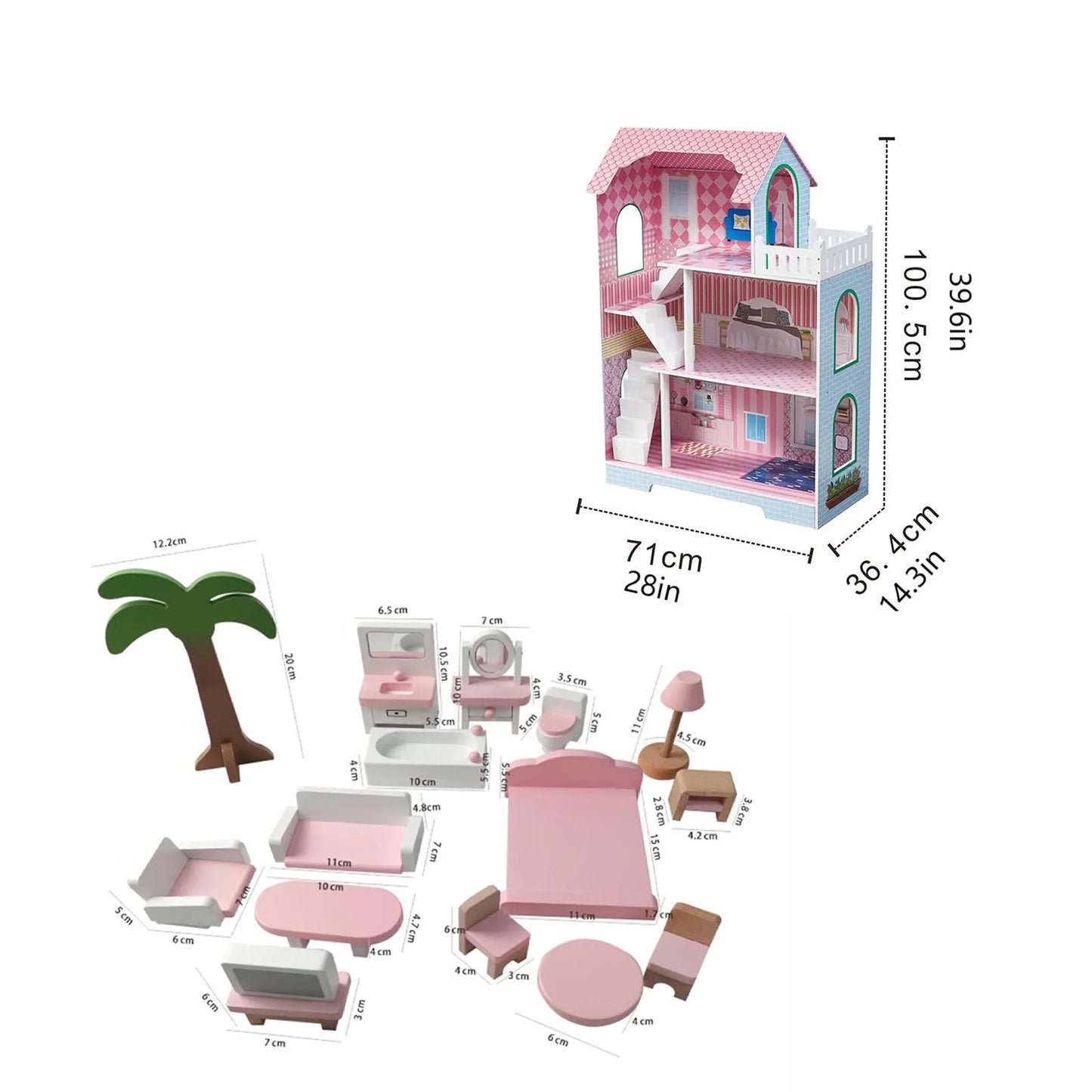 3 Tier Kids Wooden Dollhouse