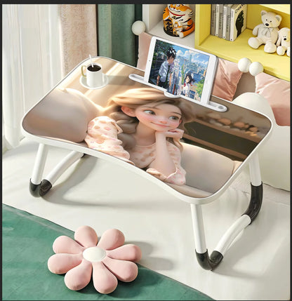 Extra-large multifunctional folding desk, portable wooden laptop bed desk with cup holder