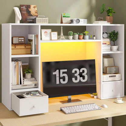 Desktop Bookshelf with LED Lights, 47.2" Desktop Organizer with 6 Shelves and 2 Drawers for Top of Desk, Multipurpose, Customized