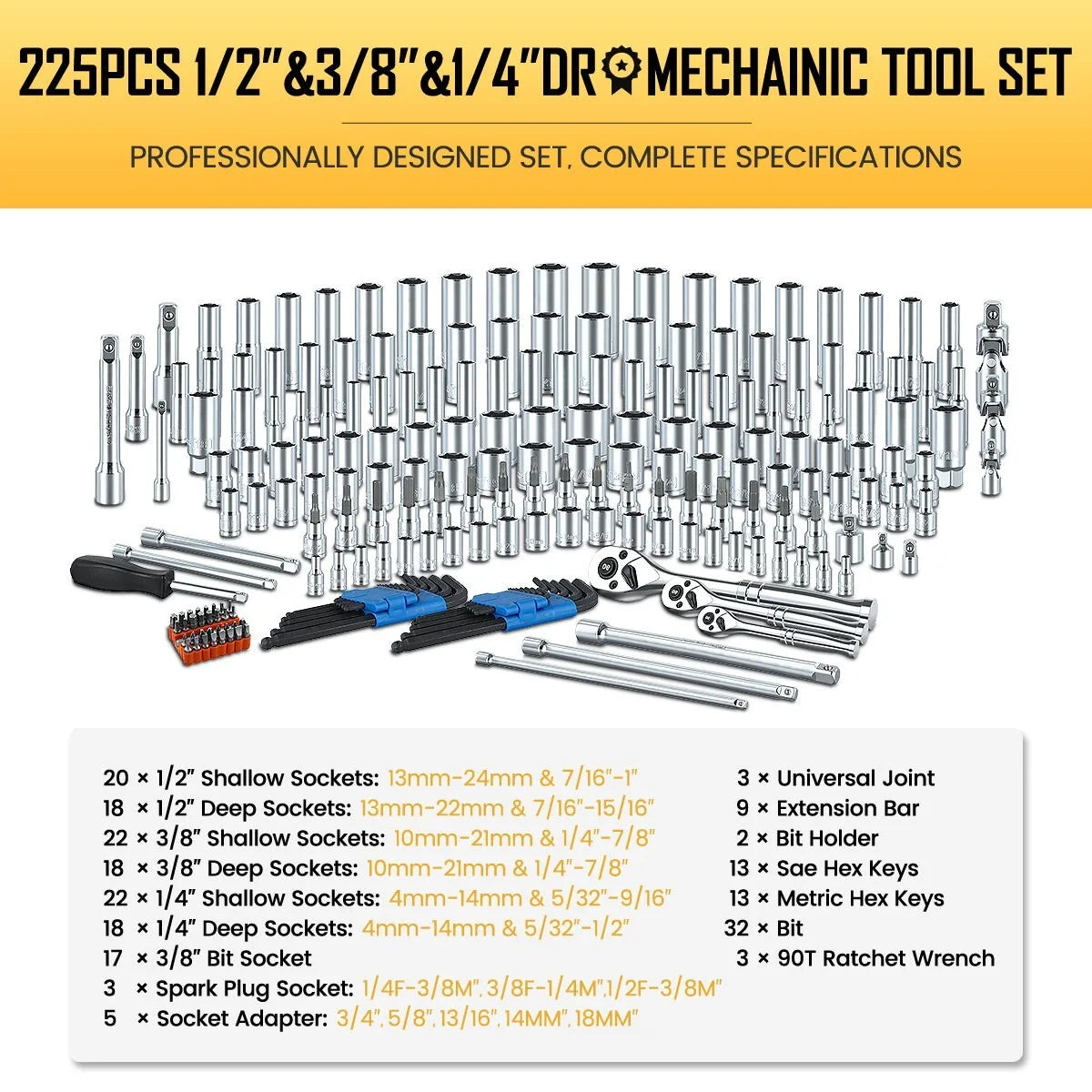 225PCS Mechanic Tool Set With 1/4," 3/8" & 1/2" Drive Socket Wrench Set