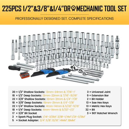 225PCS Mechanic Tool Set With 1/4," 3/8" & 1/2" Drive Socket Wrench Set