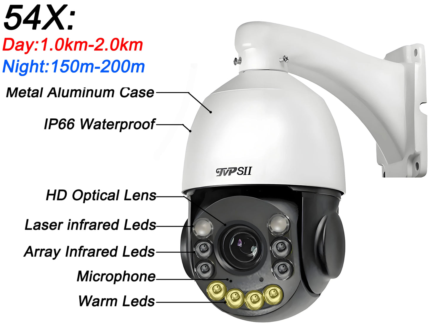 Metal Laser Infrared Full Color Auto Tracking Cruise 8MP 4K 54X Optics Zoom 360° POE PTZ Speed Dome Surveillance IP Camera