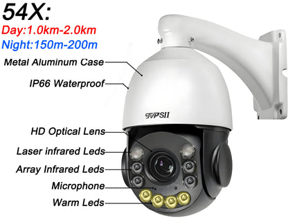 Metal Laser Infrared Full Color Auto Tracking Cruise 8MP 4K 54X Optics Zoom 360° POE PTZ Speed Dome Surveillance IP Camera