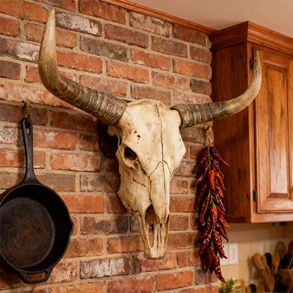 Long Horn Bull Skull Decor with Curved Horns and Natural Bone for Western Rustic Wall Art Interior Design