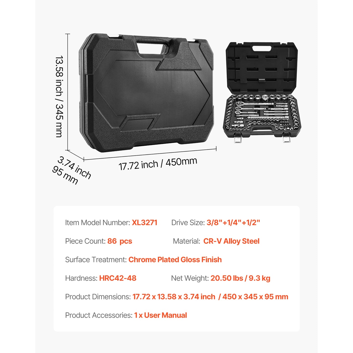 Socket Set 86 Pieces 1/4," 3/8," and 1/2inch SAE and Metric Socket and Ratchet Set