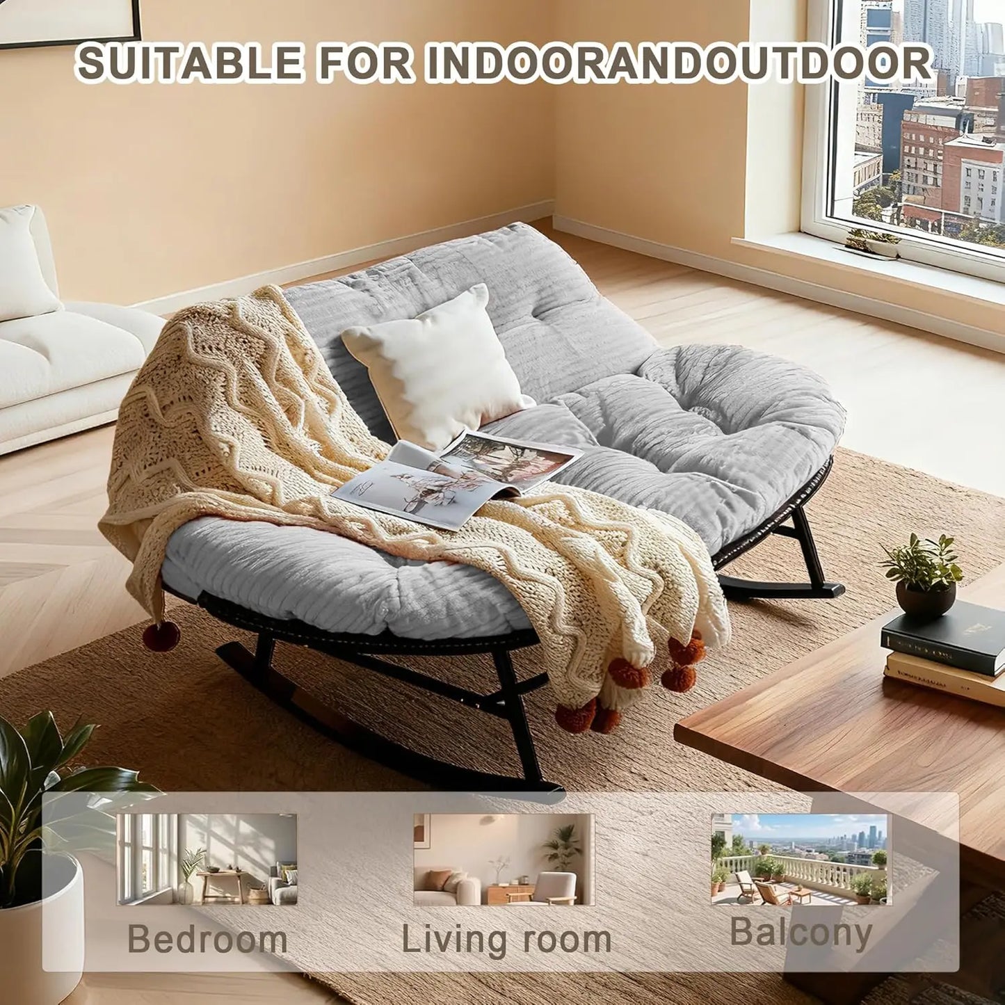 Oversize Double Rattan Rocking Chair Egg Loveseat Thick Cushion Patio Garden Backyard Customized