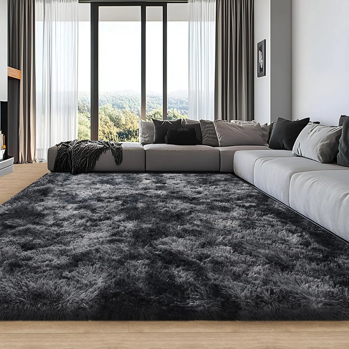 Soft Area Non-Slip Rugs for Living Room; Thick Plush Carpets Tie-Dyed Dark Gray Fluffy Artificial Velvet Soft Carpets