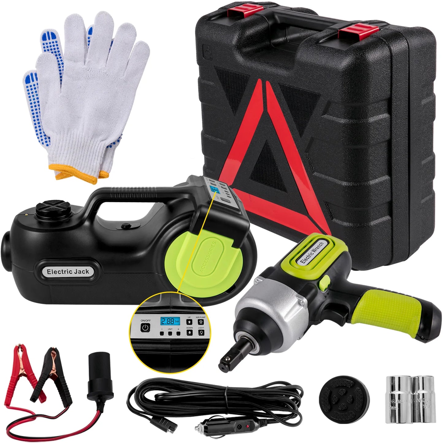 4-In-1 Electric 5T Portable Hydraulic Jack, Impact Wrench, Tire Compressor, Lifting,  and LED Light Tool