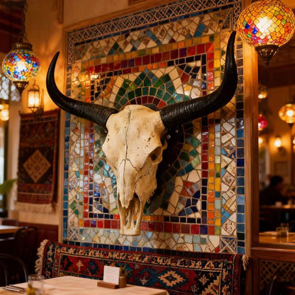 Long Horn Bull Skull Decor with Curved Horns and Natural Bone for Western Rustic Wall Art Interior Design