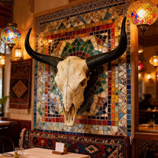 Long Horn Bull Skull Decor with Curved Horns and Natural Bone for Western Rustic Wall Art Interior Design