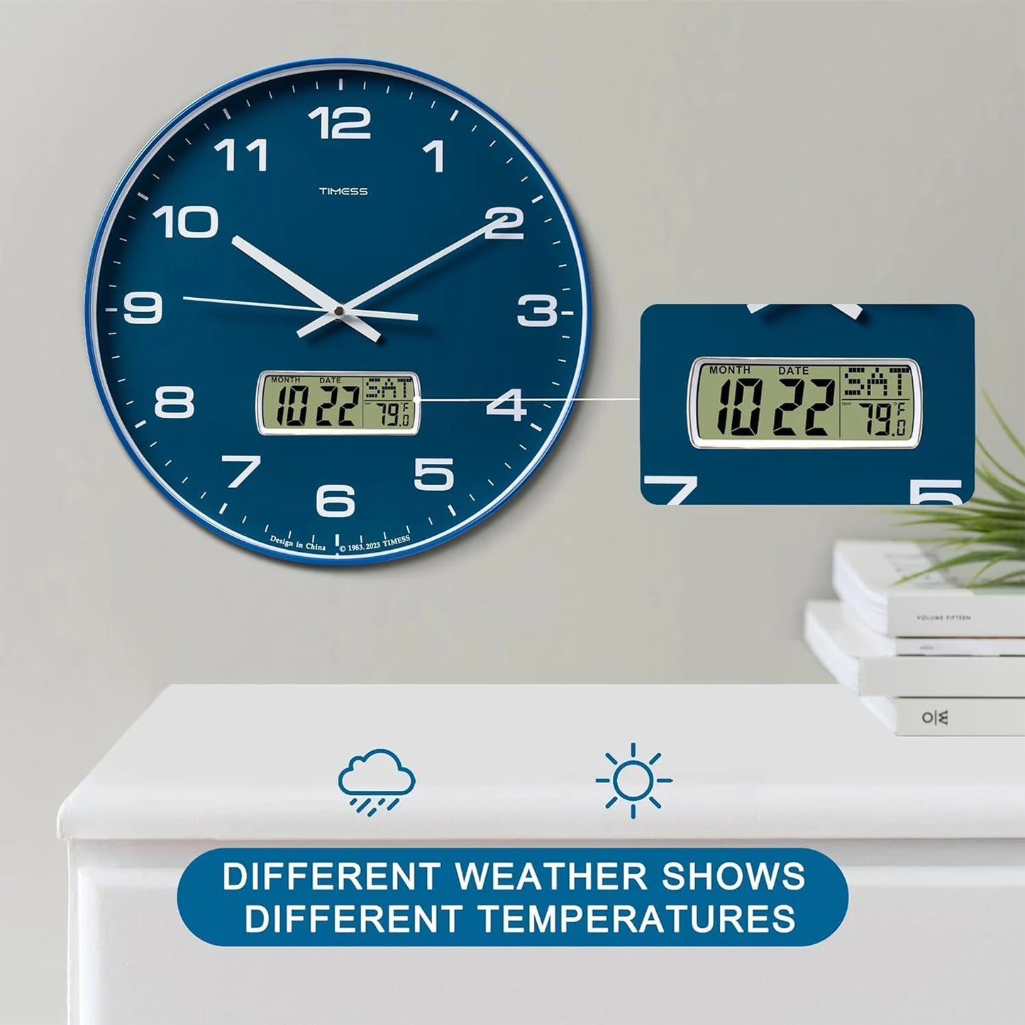 Calendar Wall Clock in 3 Sizes, 4 Colors with Calendar and Fahrenheit Temperature Display
