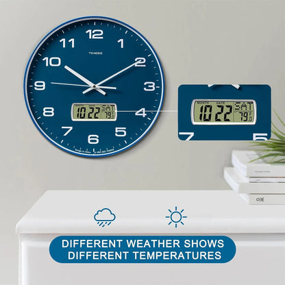 Calendar Wall Clock in 3 Sizes, 4 Colors with Calendar and Fahrenheit Temperature Display