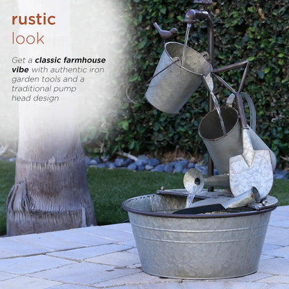 3-Tiered Metal Garden Fountain with Waterfall, Tools and Faucet, 28" Tall Gray