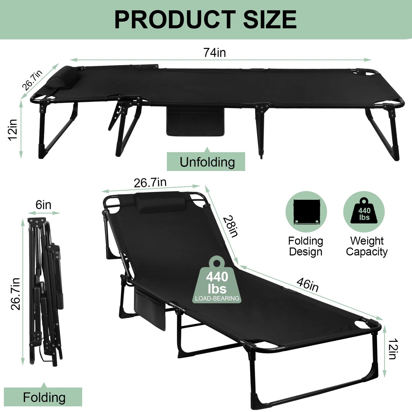 Portable Folding Camping Cot - 3-Position Adjustable Reclining Lounge Chair with Pillow, Outdoor Sleeping Bed