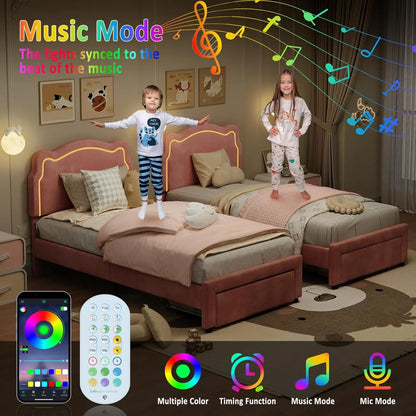 Twin Size Upholstered Princess Bed Frame with Bear-Shaped RGB LED Headboard and Storage Drawer