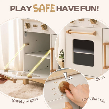 Wooden Play Kitchen with Real Lights, Sounds, and Ice Cube Dispenser