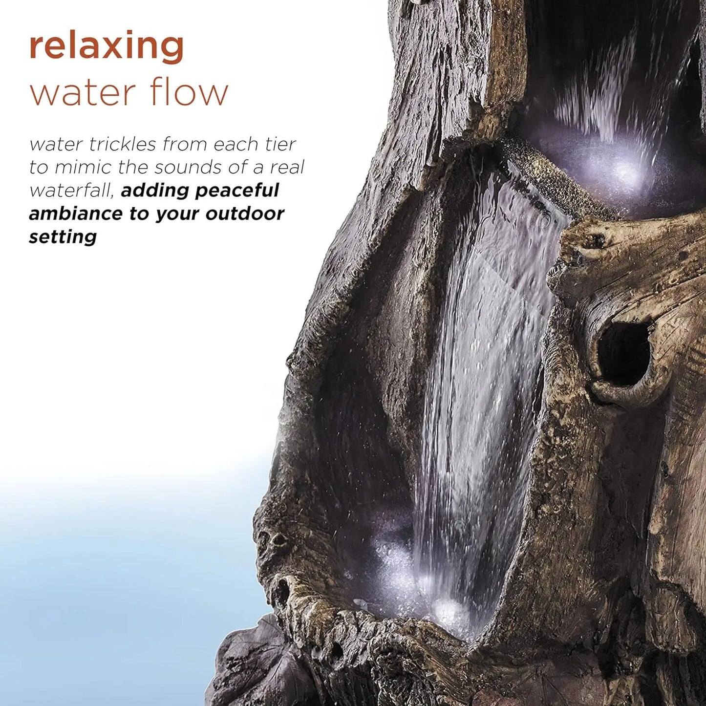 Outdoor Rainforest Tree Trunk Waterfall Floor Fountain with LED Lights, Garden Décor, 41" H, Brown