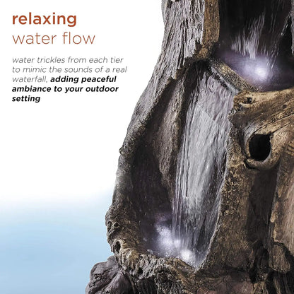 Outdoor Rainforest Tree Trunk Waterfall Floor Fountain with LED Lights, Garden Décor, 41" H, Brown