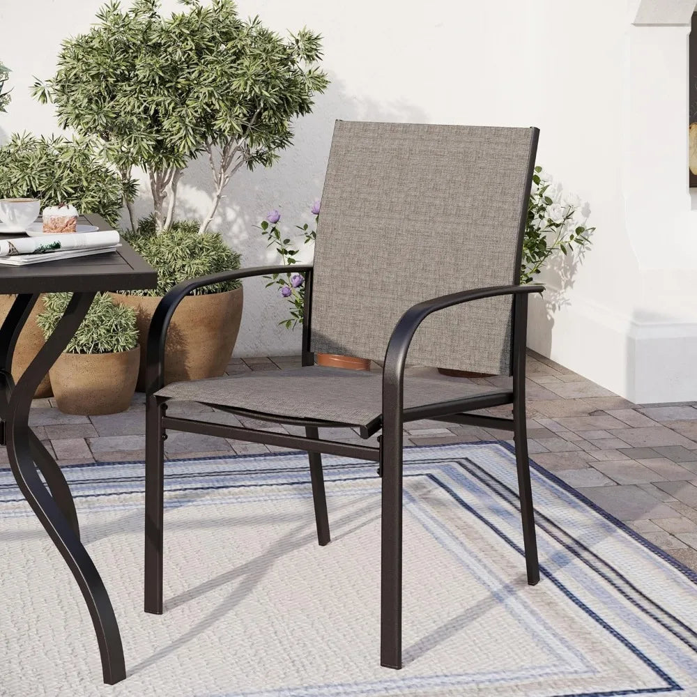 Patio Dining Set of 4, 37”Square Table with Umbrella Hole, Brown Metal Chairs x 4, Outdoor Table and Chairs for Lawn and Deck
