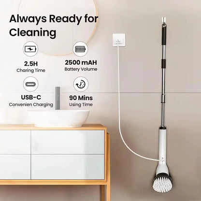 9-in-1 USB Rechargeable Electric Cleaning Brush With Telescopic Handle and 8 Brush Heads Multi-Surface Cleaner