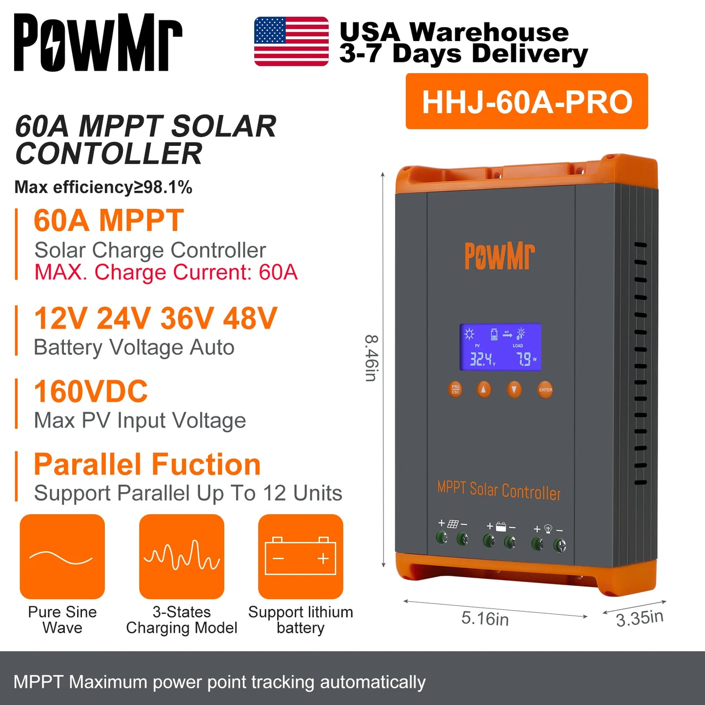 60A MPPT Solar Charge Controller Can Parallel 12PC Charging 12V 24V 36V 48V LifePo4 Battery Max 160VDC Solar Panel