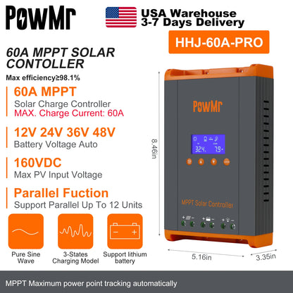 60A MPPT Solar Charge Controller Can Parallel 12PC Charging 12V 24V 36V 48V LifePo4 Battery Max 160VDC Solar Panel